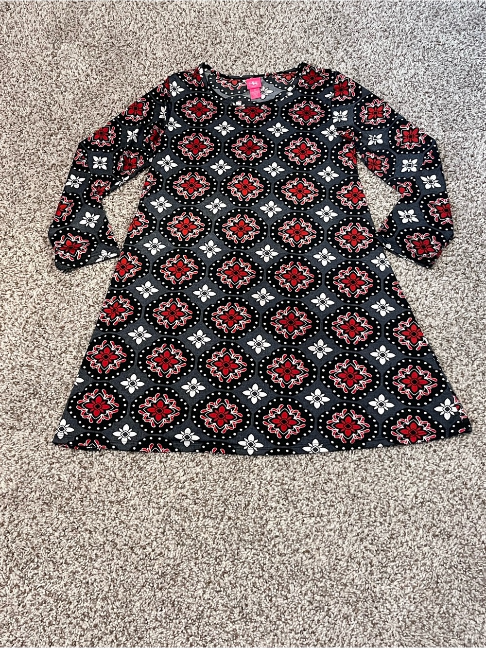 Girls' Black and Red Patterned Quarter Length Sleeves Dress